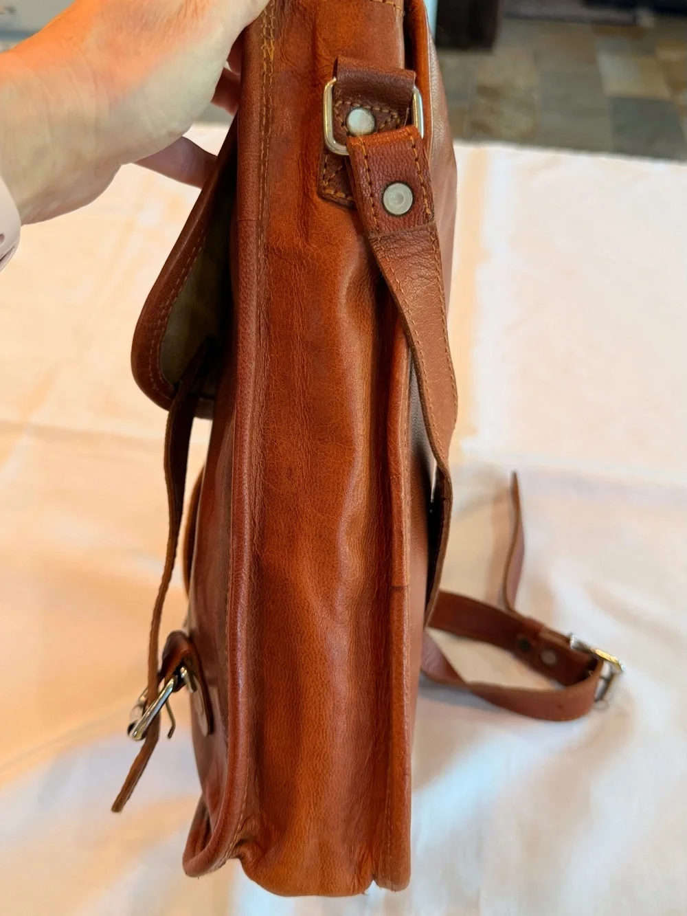 Vintage Brown Genuine Leather Messenger Long Satchel Bag with Front Buckles